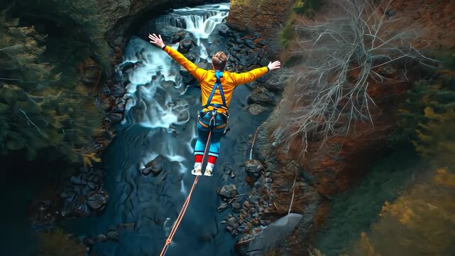 Bungee Jumps Over Rocky River and Waterfall