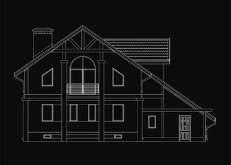 A two-story house with a balcony is depicted in a black and white contour drawing. The dark background emphasizes the clean lines and architectural details.