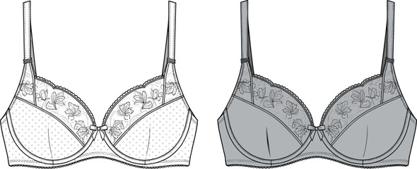 lingerie bra floral embroidery cad flat vector illustration with front and back technical fashion design detailed template for women