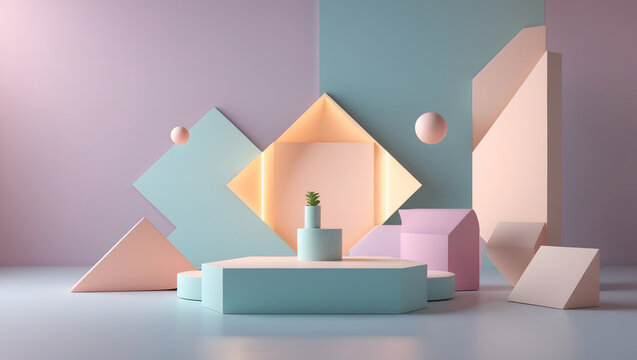 3d illustration of a pastel geometric still life features a plant on a podium surrounded by shapes