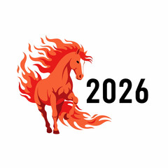Fiery horse year illustration on white background. Fiery horse as a symbolic representation of the Chinese zodiac year 2026, a vibrant and energetic symbol, ready to convey strength and passion.