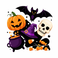 Classic Halloween composition with jack o'lantern, skull, and candies makes for perfect party design, Halloween. Halloween party scene is ready for invitations, cards, and flyers. Get vector-inspired,
