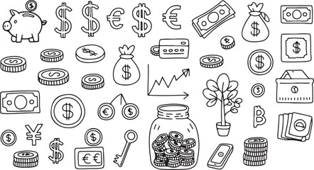 Money and Finance Doodles Collection Vector Illustration on Plain Backdrop