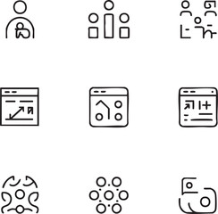 Fototapeta premium Business and teamwork vector icon set hand drawn style,editable stroke team,organization,structure,growth,analytics,diagram,strategy,management,budget,finance icons