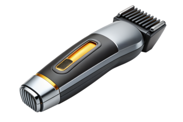 A stylish black and silver hair trimmer with a gold accent and an illuminated window is presented against a transparent background