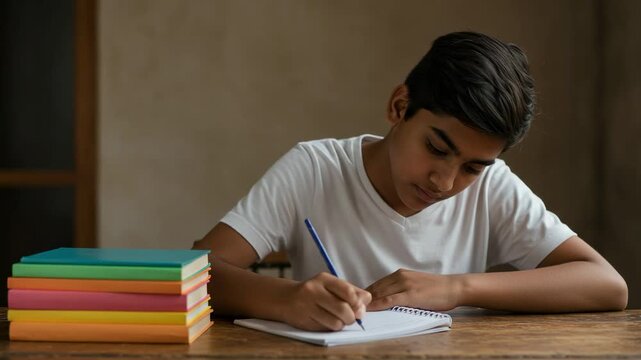 Focused Indian teenage boy writing in a notebook at a wooden desk. Young student doing homework with a stack of colorful books. Education and learning concept.
