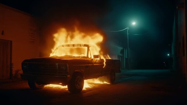 Burning Classic Pickup Truck at Night - A vintage pickup truck is engulfed in flames in a dimly lit alleyway at night. The scene is dramatic and evokes a sense of mystery and danger.