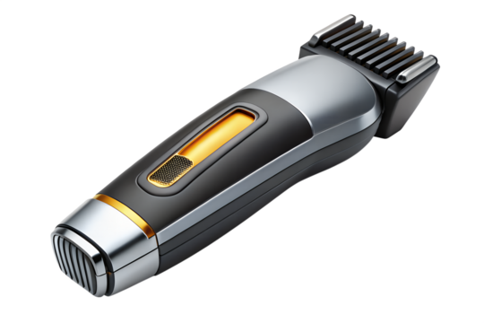 A stylish black and silver hair trimmer with a gold accent and an illuminated window is presented against a transparent background