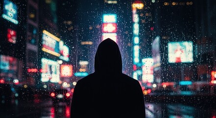Anonymous hooded figure silhouetted against a rainy, neon-lit cyberpunk city street at night.