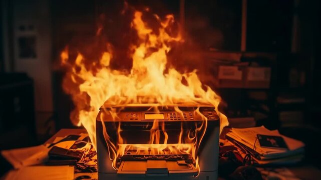 Office Printer Fire Disaster - A multifunction printer is engulfed in flames on an office desk, surrounded by burning papers and other office supplies.