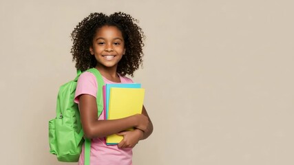 Happy young African American girl student with a green backpack and colorful books. Cheerful elementary school pupil ready for education on a neutral background with copy space.