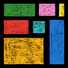 Set of Design Elements Hand-drawn Blue, Green, Orange, Red, Pink, Yellow Rectangles Isolated on Dark Backdrop. Style of Children's Drawing.