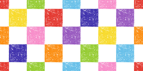 Checkered Seamless Pattern of Hand-Drawn Colored Squares on White Backdrop. Style of Children's Drawing.