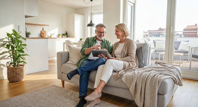 Happy senior couple using digital tablet on sofa in modern apartment