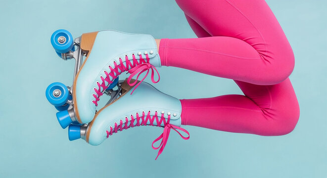 Woman wearing pink leggings and light blue roller skates jumping on light blue background