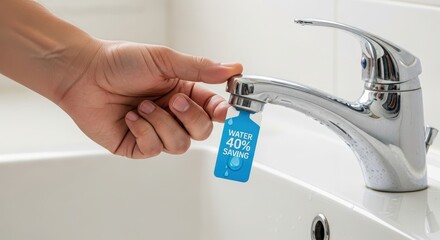 A hand turns a faucet on in a bathroom, with a tag promoting water conservation attached to the spout.
