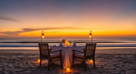 Obraz premium Golden Hour Romance: An Elegant Dinner Table for Two by the Ocean's Edge