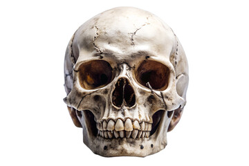 Obraz premium A front view of a realistic human skull highlighting its eye sockets nasal cavity and teeth set against a clean transparent background