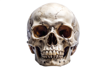 A front view of a realistic human skull highlighting its eye sockets nasal cavity and teeth set against a clean transparent background