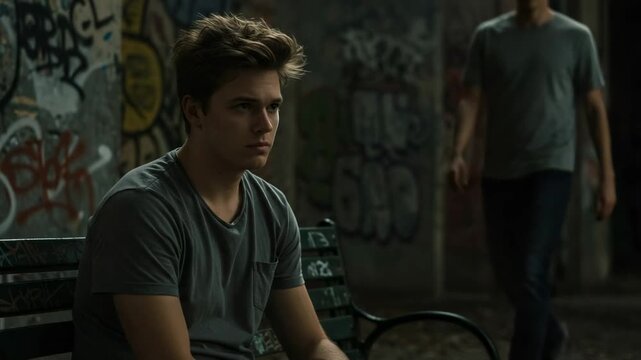 Pensive young man sitting alone on a bench at night. Thoughtful teenager in a dark urban setting with graffiti.