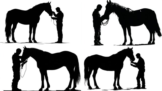 Silhouette illustration of four horses and humans.  Two people are shown interacting with each horse in profile view.  Simple, black shapes on a white background
