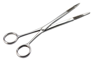 A sterile stainless steel surgical hemostat clamp with serrated tips and finger rings isolated on a transparent background for medical use