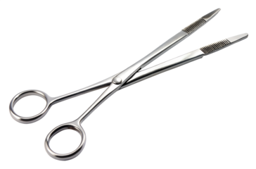 A sterile stainless steel surgical hemostat clamp with serrated tips and finger rings isolated on a transparent background for medical use