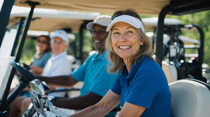 Smiling senior golfers riding in golf cart on sunny day