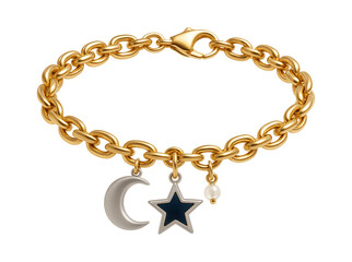Gold-plated chain bracelet with dangling crescent moon and star charms
