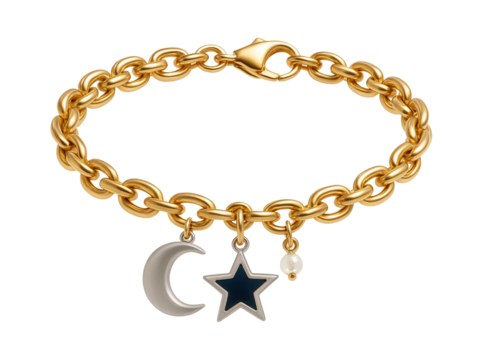 Gold-plated chain bracelet with dangling crescent moon and star charms