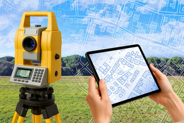 TOTAL STATION SURVEYING INSTRUMENT CONCEPT with professional realistic cadastral map - Geodesic device used by cartographers for the topographic survey of land