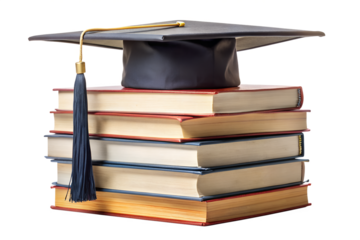 A stack of old books topped with a black graduation cap with a blue tassel symbolizing academic achievement and education isolated on