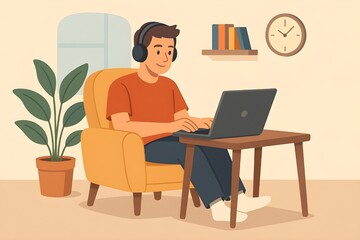 Flat Illustration of a Young Man Working Remotely Using Laptop in Cozy Home Office Setup