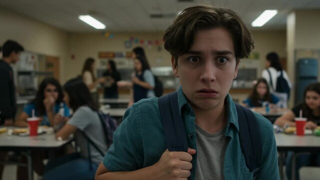 Terrified teenage boy in a school cafeteria. Anxious high school student with a shocked expression looking at the camera. Social anxiety and bullying concept.