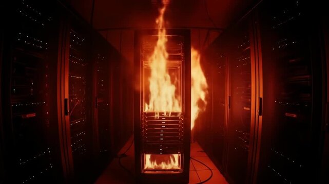 Server Room Fire Disaster - A server rack engulfed in flames within a data center. The intense fire illuminates the surrounding server racks, creating a dramatic and ominous scene.