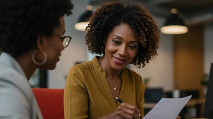 Two professional Black women discussing a document in an office. Mature female manager mentoring a younger colleague during a business meeting. - Powered by Adobe