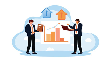 Two businessmen analyzing a bar graph with upward arrows indicating positive business growth trends