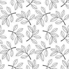 Fototapeta premium Black and white. Pattern with branches with leaves outline drawing, textile background.