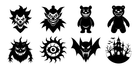 Fototapeta premium Set of halloween silhouettes black icon Vector illustration. Isolated on white background.