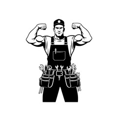 Strong handy man logo, character flexing with tools on belt, clear silhouette style