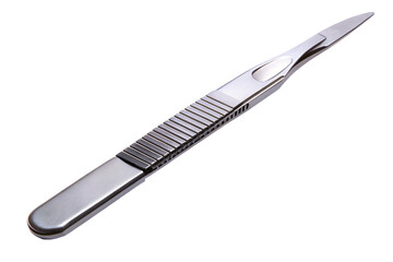 Fototapeta premium A single sharp steel scalpel with a textured handle lies diagonally on a transparent background ready for surgical use