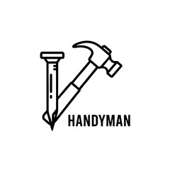 Flat Design Handy Man Logo, Simple Icon With Nail and Hammer, Black Vector Outlines