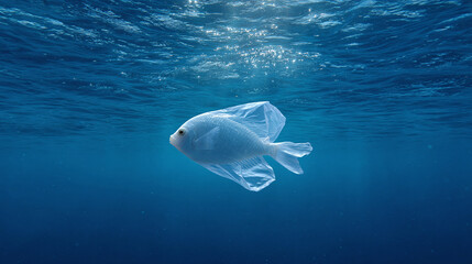 A plastic bag shaped with a fish, floating in the ocean. 