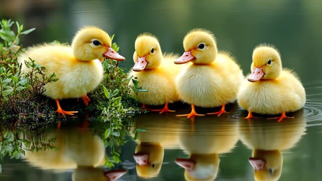 Ducklings Standing by the Pond in Nature