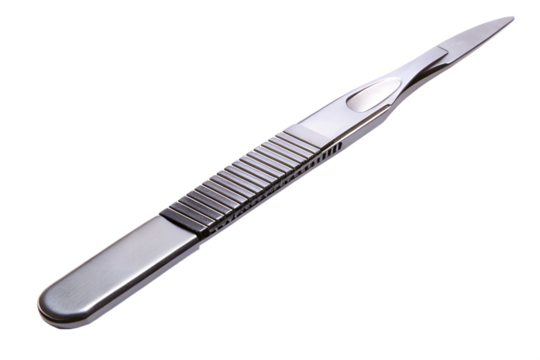 A single sharp steel scalpel with a textured handle lies diagonally on a transparent background ready for surgical use