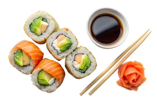 A selection of fresh salmon and avocado sushi rolls are arranged with chopsticks soy sauce and a decorative ginger rose isolated on transparent background - Powered by Adobe