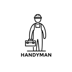 Minimalist Handy Man Logo, Worker Figure With Toolbox, Outlined Black