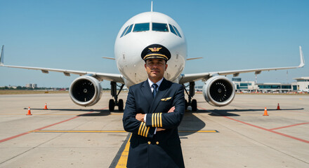 Confident airline captain stands before airplane on sunny airport tarmac