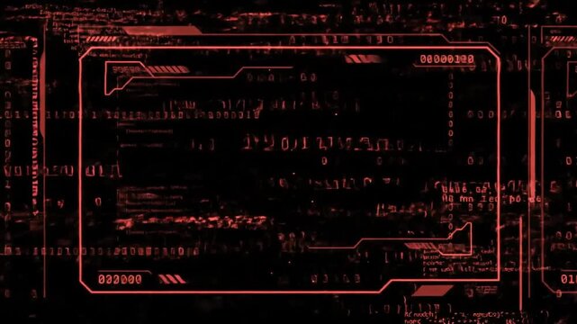 Red digital interface with data streams and a central rectangular display.