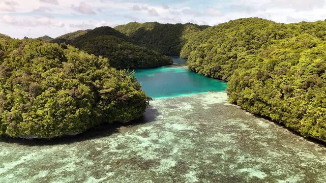 Stunning drone footage hovering and revealing the radiant blue waters and wild island landscapes, gliding through the islands in Palau. Cinematic revealing drone shot.